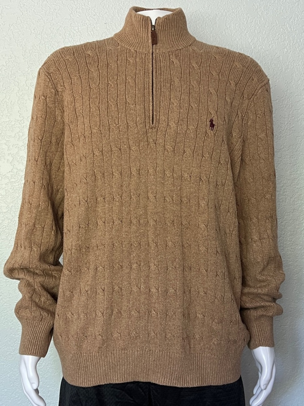 Polo Ralph Lauren Cable Knit Quarter Zip Preppy Sweater Tan Mens Large Cotton
